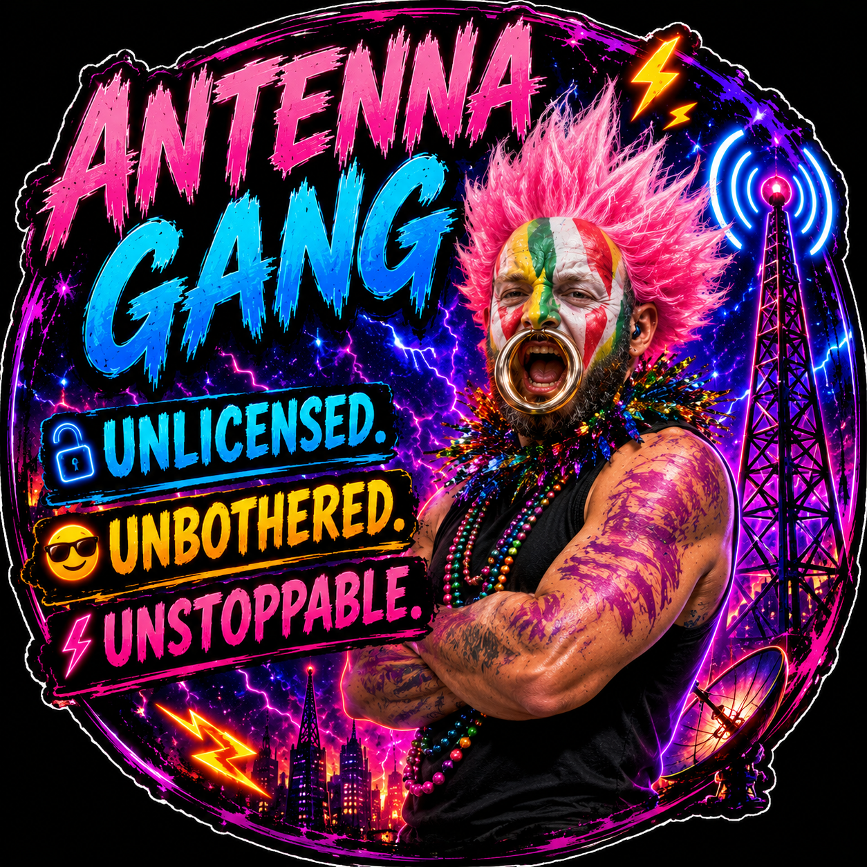 Antenna Gang Unlicensed Unbothered Unstoppable Sticker