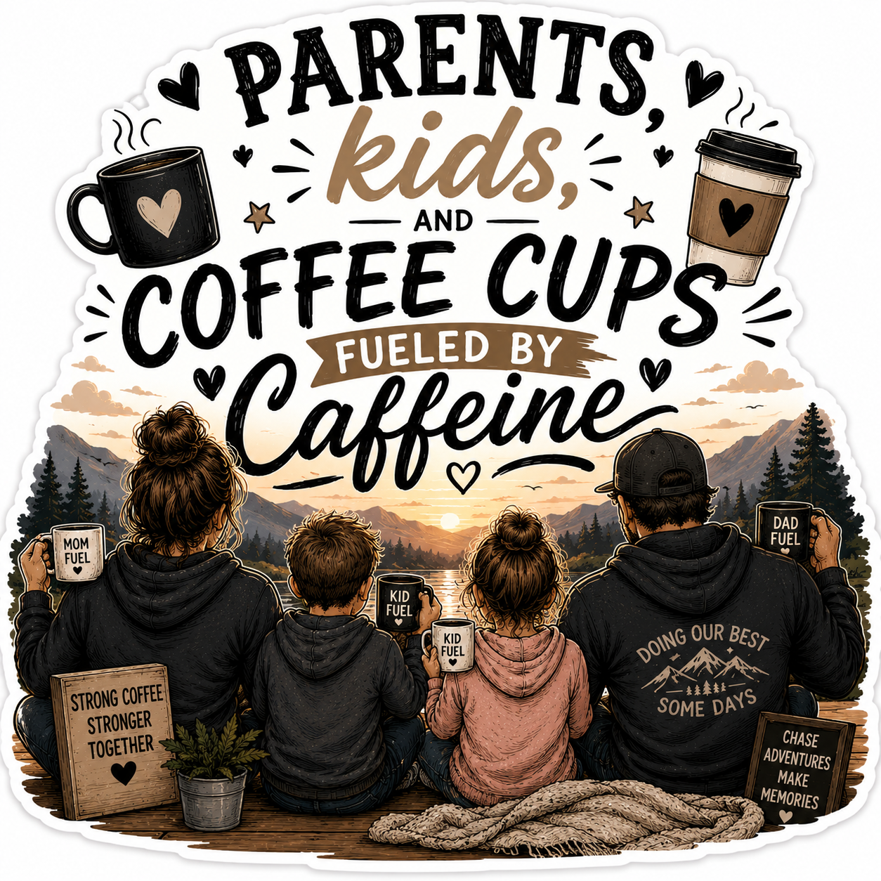 Parents Kids And Coffee Cups Fueled By Caffeine Sticker