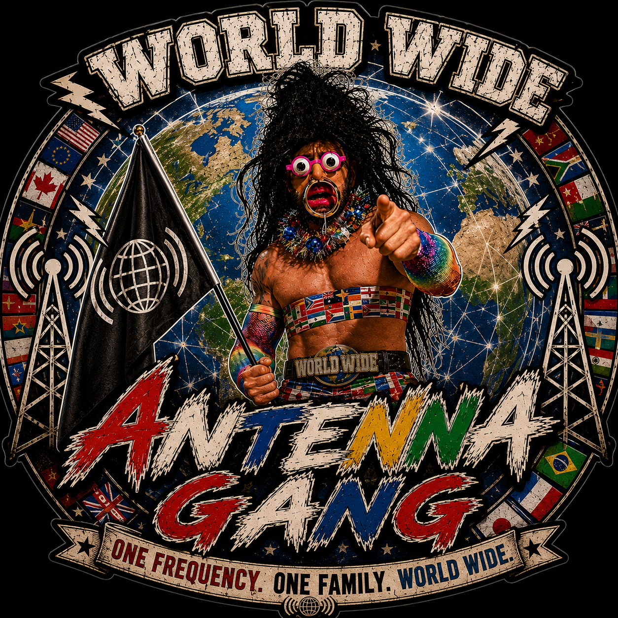 World Wide Antenna Gang One Frequency One Family World Wide Sticker
